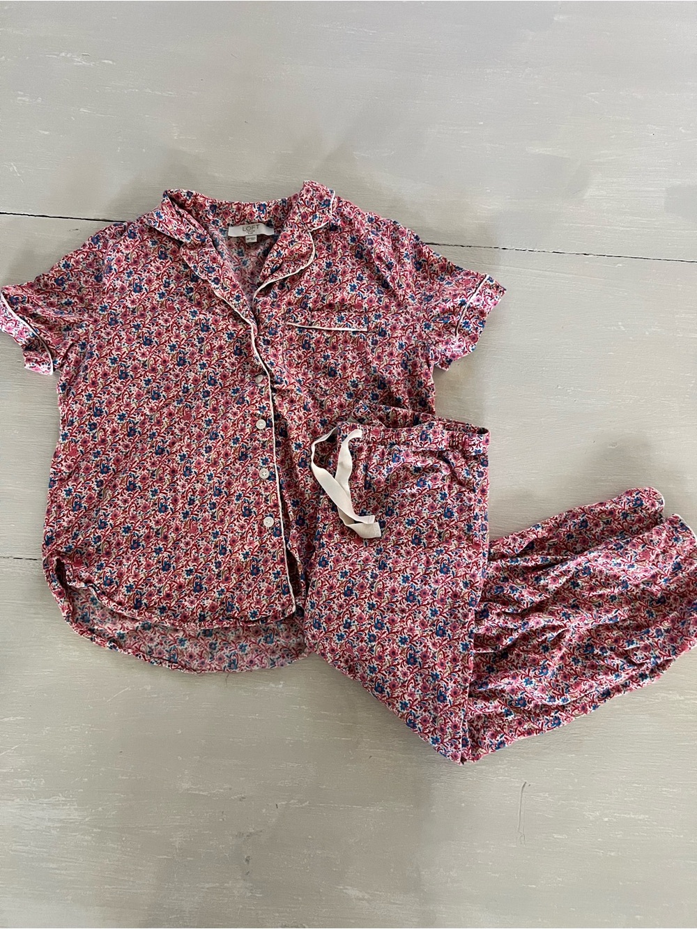 LOFT Sleep MP Floral Pajama Set Medium Petite Button Front Shorts Pink Blue
